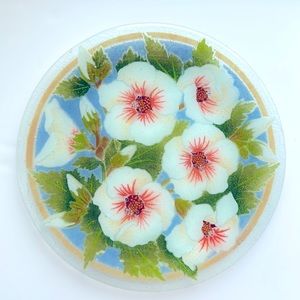 Peggy Karr Fused Art Glass Rose of Sharon 11”Round Plate Tray Signed